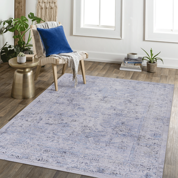 8X10 Area Rug, Washable Rug, Low Pile, Non Slip, Non Shedding, Foldable, Kid & Pet Friendly Area Rugs For Living Room, Bedroom, Kitchen, Dining Room Rug Perfect Gifts, Blue Cream, 8' X 10' Blue Cream Chenille Polyester