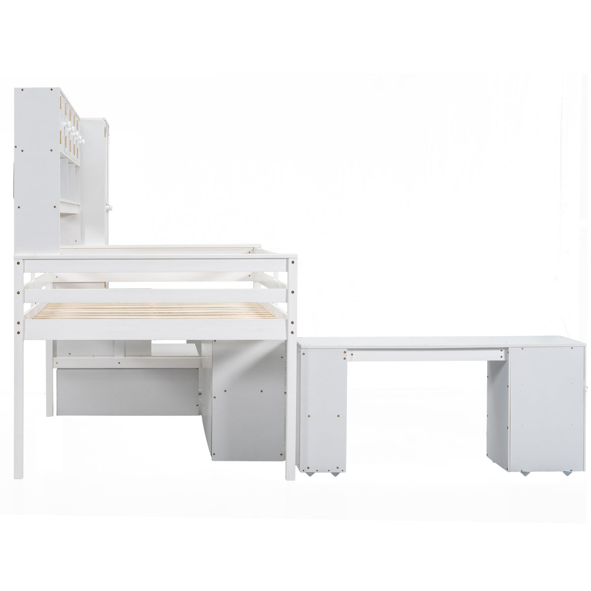 Full Size Wooden Loft Bed Big Storage With Under Bed Desk, With Drawers, With Shelves, White Full White Plywood