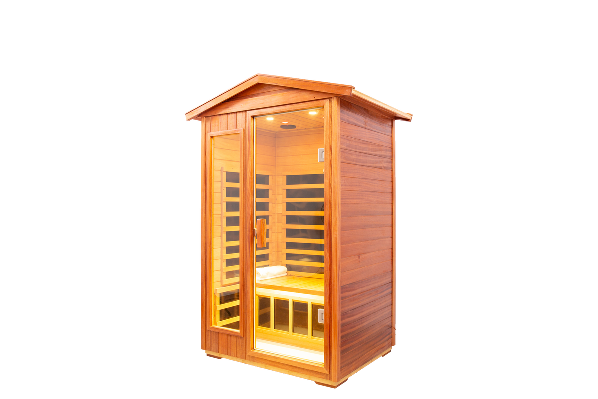 Two Person Far Infrared Khaya Wood Outdoor Sauna Room Left & Right Natural Wood Wood Stainless Steel