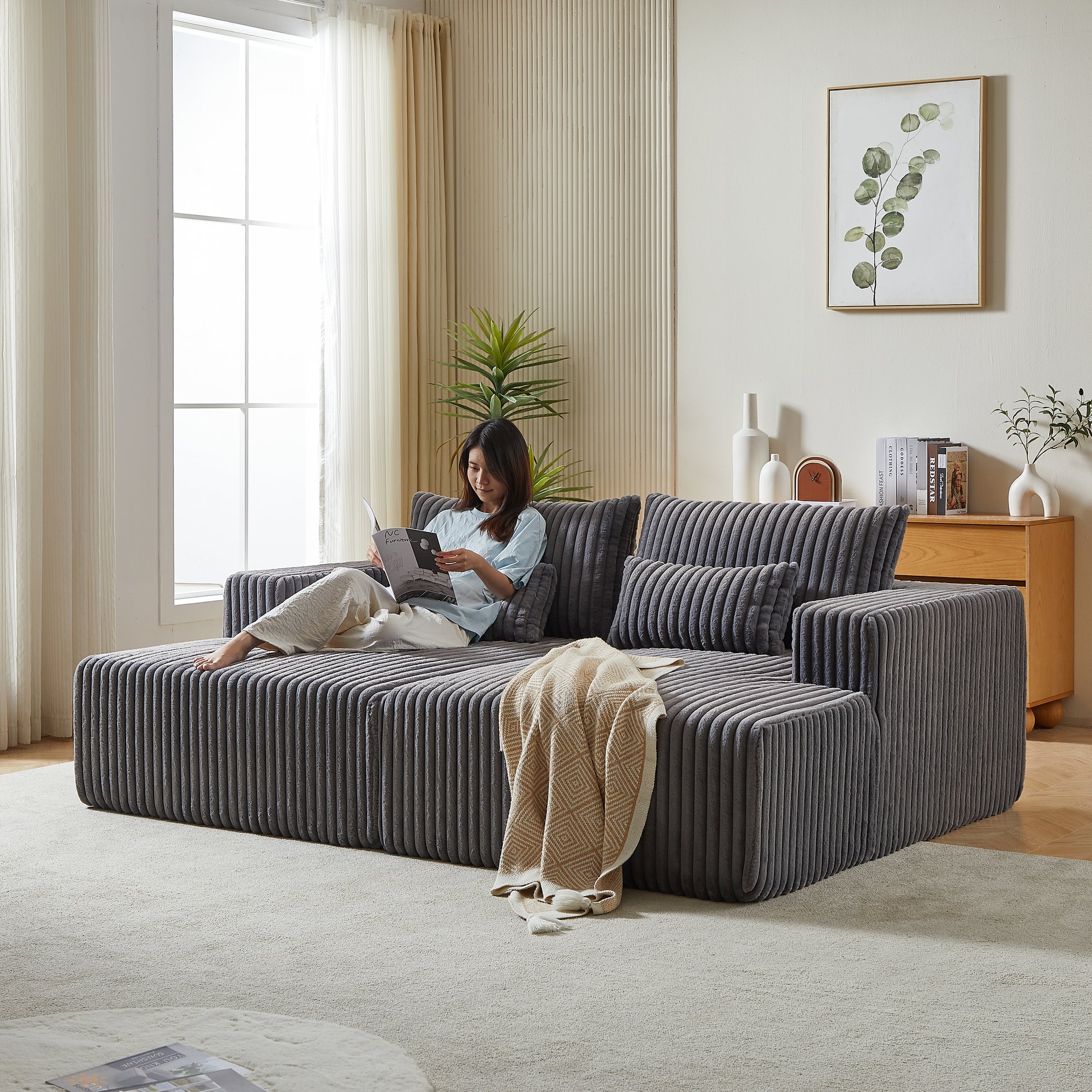 87" Oversized Sectional Lounge Chaise ,No Assembly Required,Cloud Plush Loveseat With Reclining Sofa Bed,Fluffy Modern Sleeper Chair For Indoor Living Room Bedroom Grey Corduroy 2 Seat