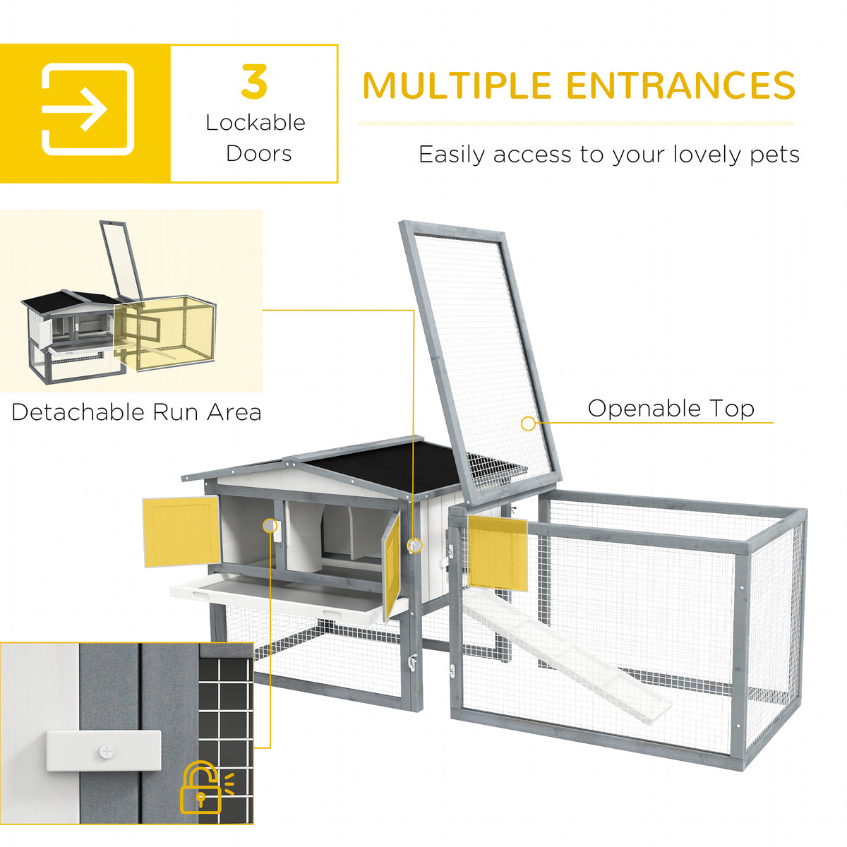 Pawhut Large Rabbit Hutch Outdoor, 2 Tier 61" L Rabbit Cage With Run Feeding Trough Wooden Guinea Pig Hutch With Removable Tray, Ramp, Asphalt Roof, For 1 2 Rabbits, White White Wood