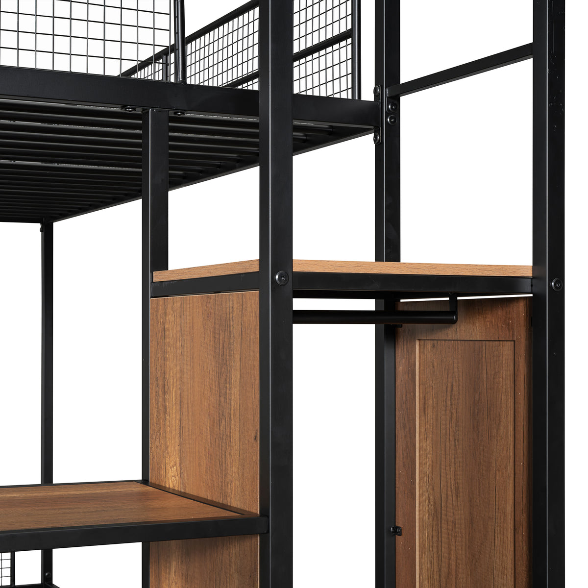Twin Over Full Metal Bunk Bed With Trundle And Lateral Storage Ladder And Wardrobe, Black Black Metal