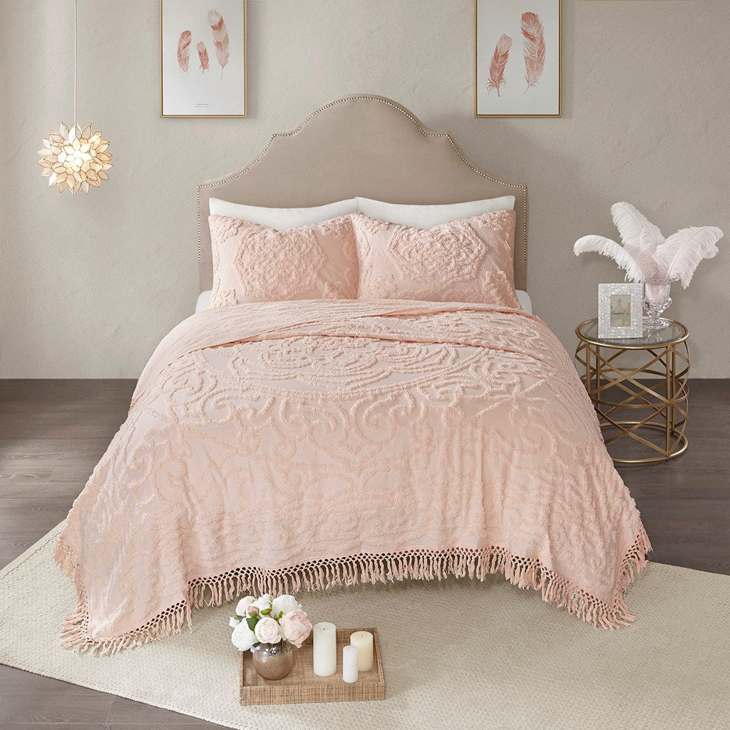 Tufted Cotton Chenille Medallion Fringe Coverlet Mini Set Blush Full Queen Full Blush Cotton