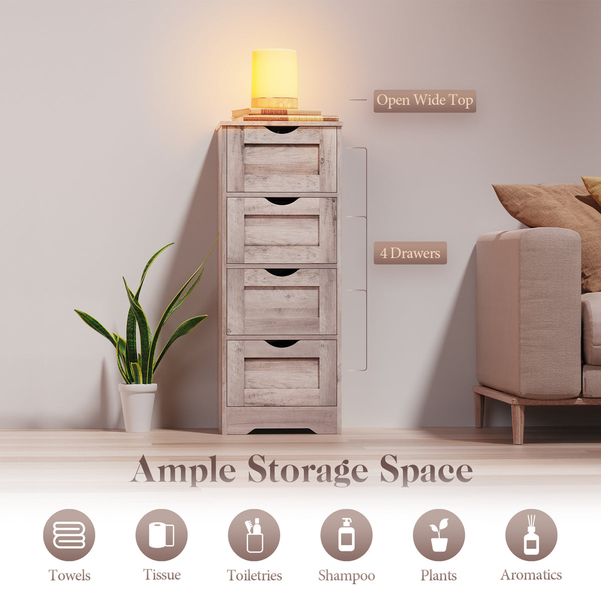 Floor Cabinet Wooden Storage Cabinet Home Office Living Room Bathroom Side Table Sturdy Modern 4 Drawers Cabinet Organizer Bedroom Night Stand, Grey 4 Grey Wood