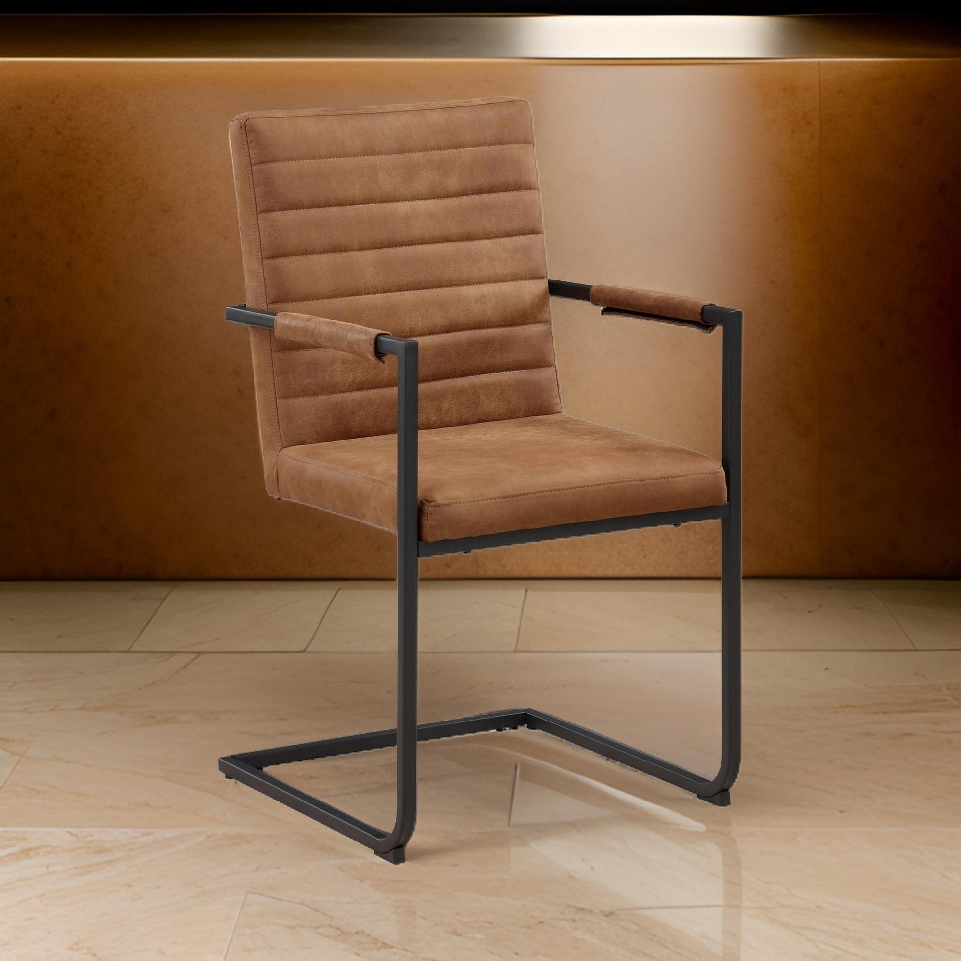 22 Inch Armchair, Set Of 2, Brown Vegan Leather, Black Cantilever Base Black Brown Mdf Metal