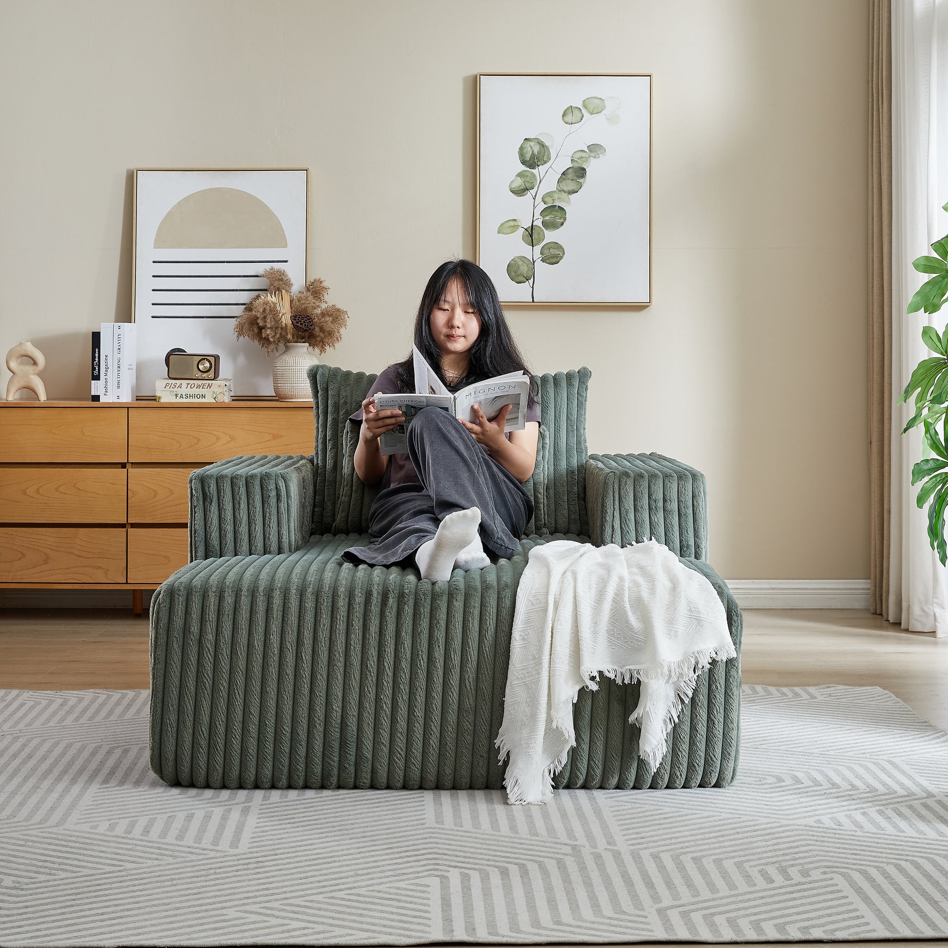 62.5 Inch Corduroy Sponge Sofa Lounge Chair,No Assembly Required,Fluffy Modern Sleeper Chair For Indoor Living Room Bedroom Army Green Foam Corduroy 1 Seat