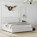Queen Size Bed Frame With 4 Drawers, Star Galaxy Projector, Usb Charger, Music Speaker, Adjustable Upholstered Headboard With Diamond Button,Pu Leather White Pu Mdf Metal
