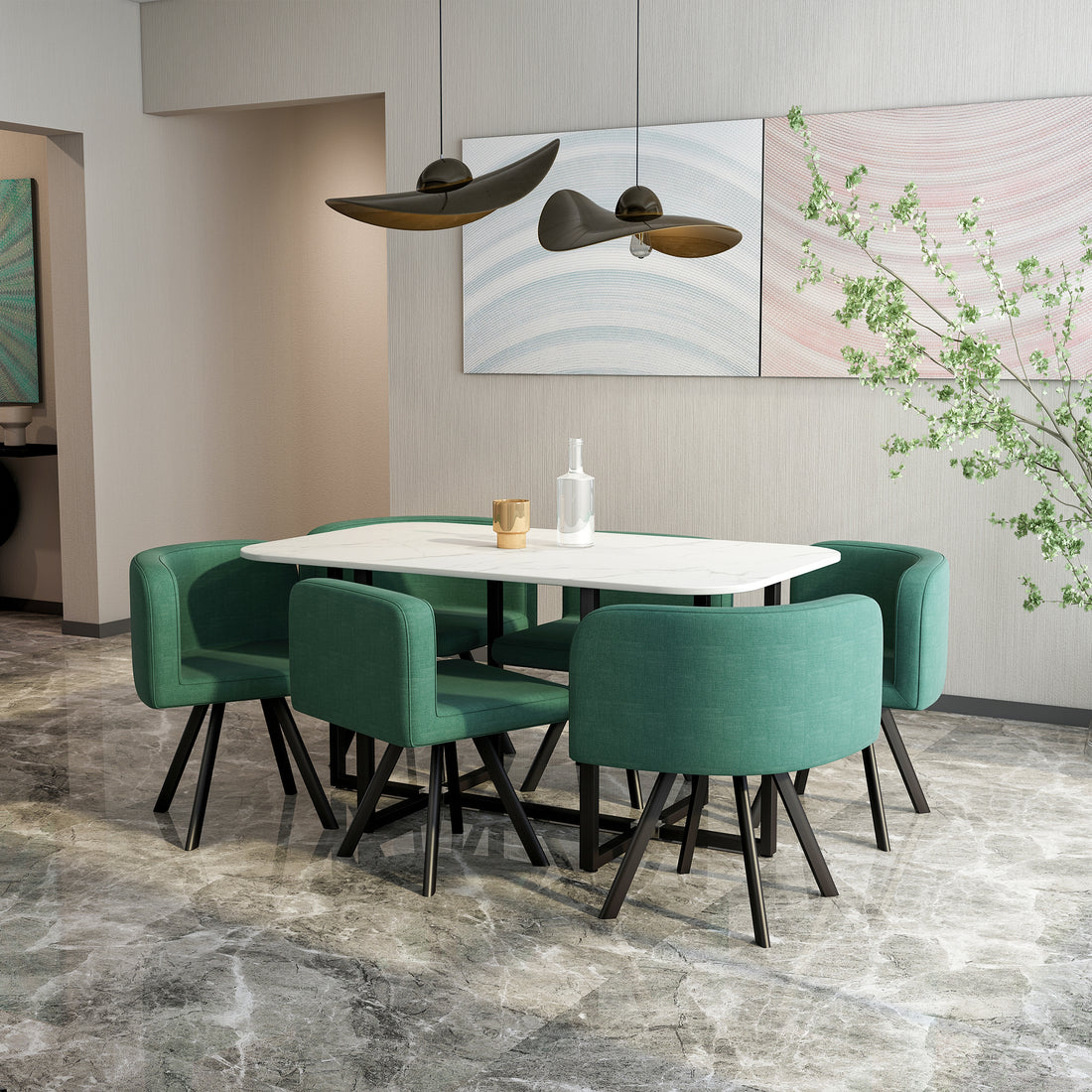 Modern 7 Pieces Dining Table Set, Rectangle Dining Table With 6 Chairs For Dining Room, Kitchen Green Fabric