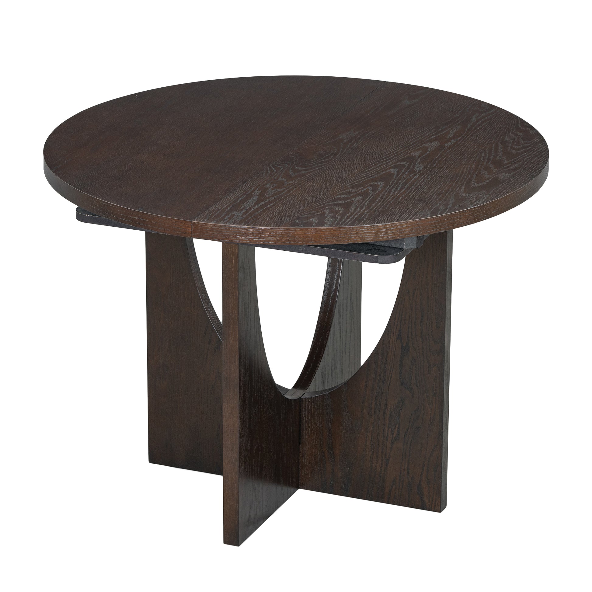 Modern 5 Piece Extendable Round Dining Table Set With 16.2Inch Removable Leaf For Small Places, Espresso Gray Wood Dining Room Solid Wood Rubberwood Round Dining Table With Chair Upholstered Chair Wood Espresso Seats 4 Removable Leaf Contemporary Round