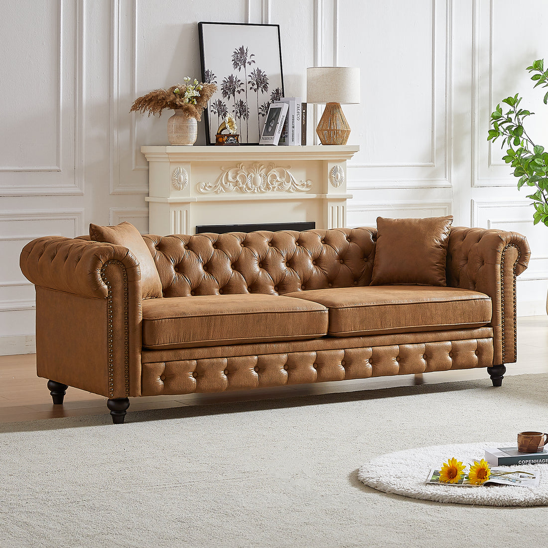 Fx 85.5"Living Room With Tech Fabric Chesterfield Sofa With Rolled Arms 3 Seater Sofa With Button Design And 2 Cushions For Apartment, Office, Living Room Brown Polyester Wood Primary Living Space Pine Foam Fabric 3 Seat