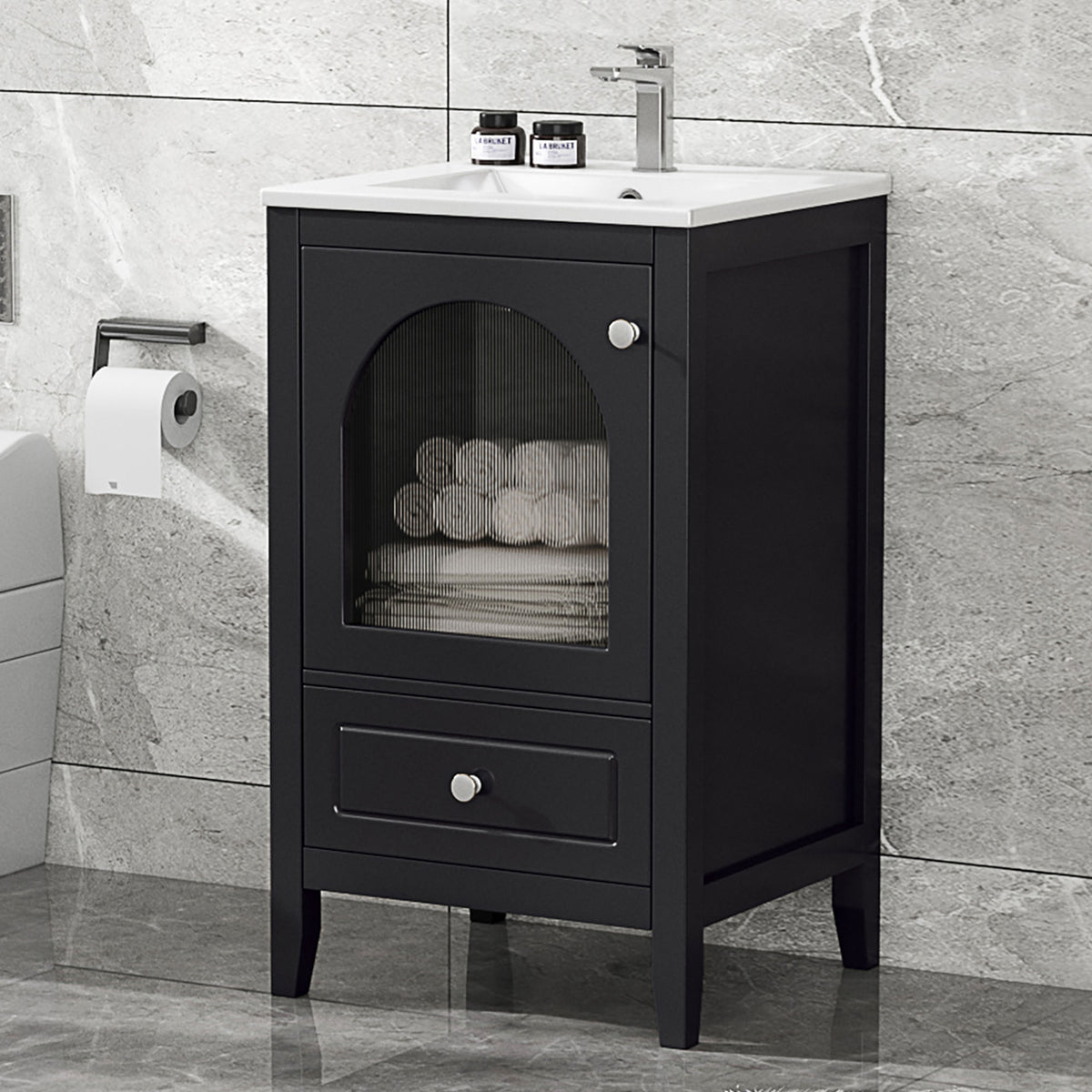 20" Bathroom Vanity With Sink, Bathroom Cabinet With Soft Closing Glass Door, A Drawer, Black Black Mdf