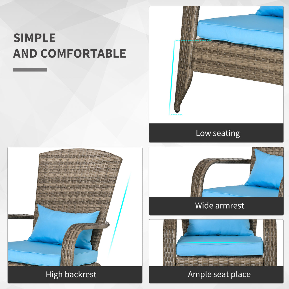 Outsunny Patio Wicker Adirondack Chair, Outdoor All Weather Rattan Fire Pit Chair W Soft Cushions, Tall Curved Backrest And Comfortable Armrests For Deck Or Garden, Sky Blue Blue Steel