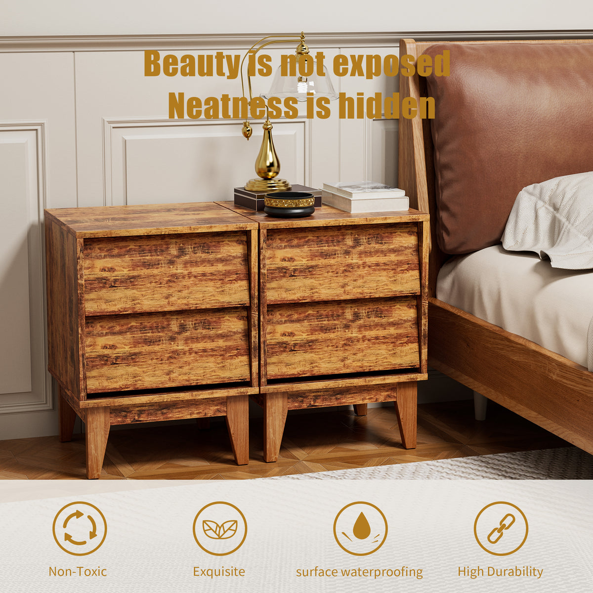 2 Set Nightstands Features Vintage Style And Bevel Design, Made Of Mdf, Mid Century Modern Nightstand, Night Stand For Bedroom Brown Mdf