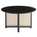 Mid Century Wooden Coffee Table With Pe Cane Stand, 31.5 Inch Round Solid Wood Bohemian Style Coffee Table, Unique Central Cocktail Table For Living Rooms, Apartments And Offices Black Rubber Wood