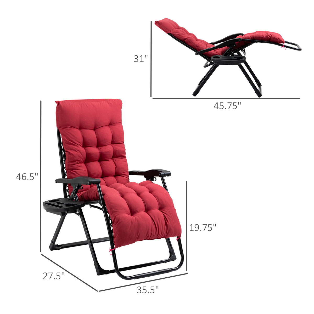 Outsunny Zero Gravity Chair, Folding Reclining Lounge Chair With Padded Cushion, Side Tray For Indoor And Outdoor, Supports Up To 264 Lbs., Red Red Steel