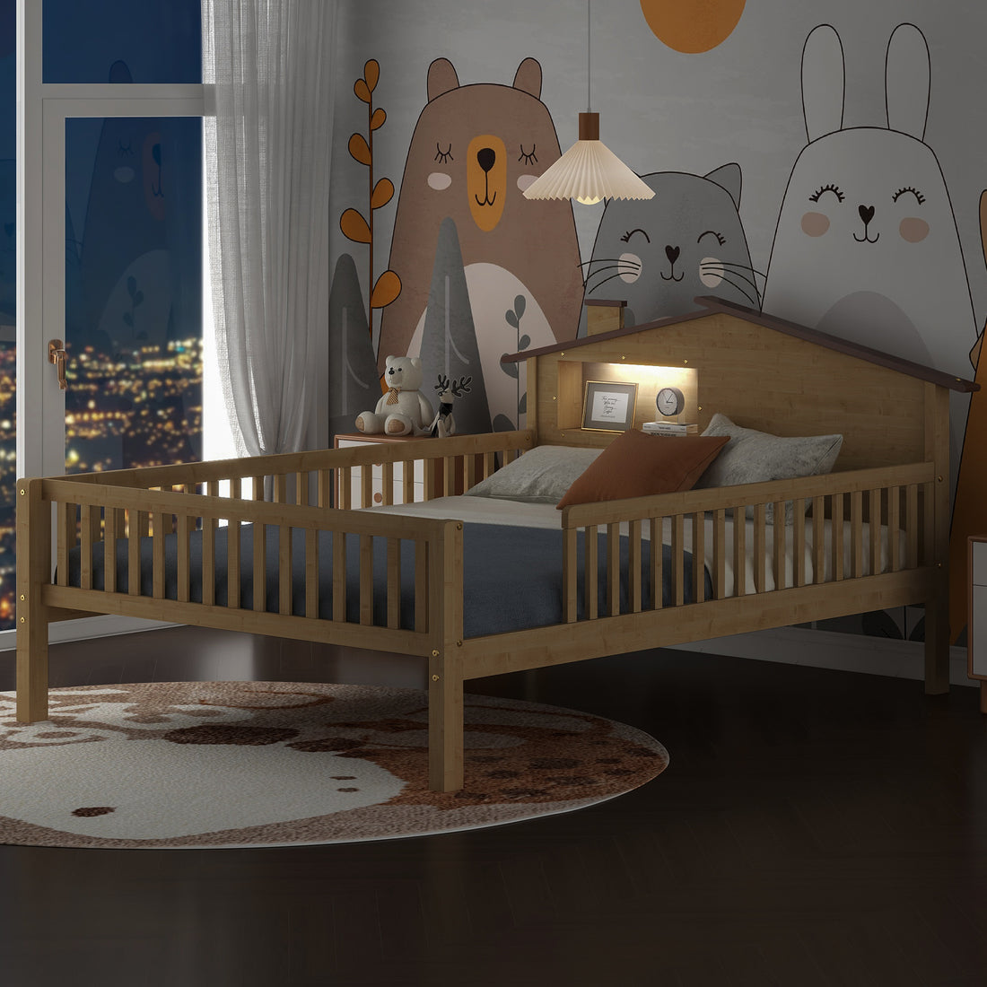 Full Size Wood Platform Bed With House Shaped Headboard, Led And Built In Storage, Natural Box Spring Not Required Full Natural Wood Bedroom Bed Frame Wood