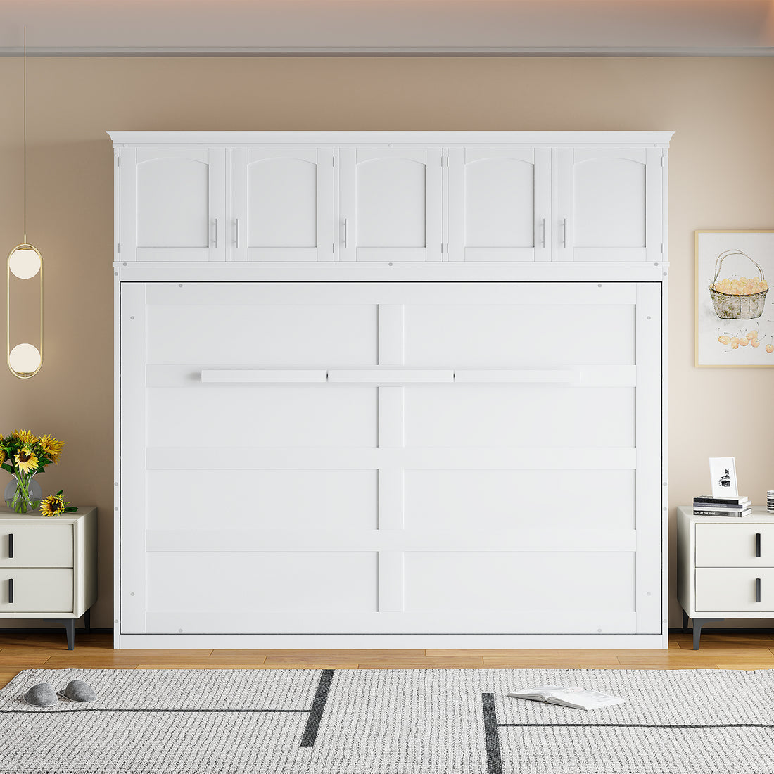 Queen Size Murphy Bed Wall Bed With Top Cabinets,White Queen White Plywood