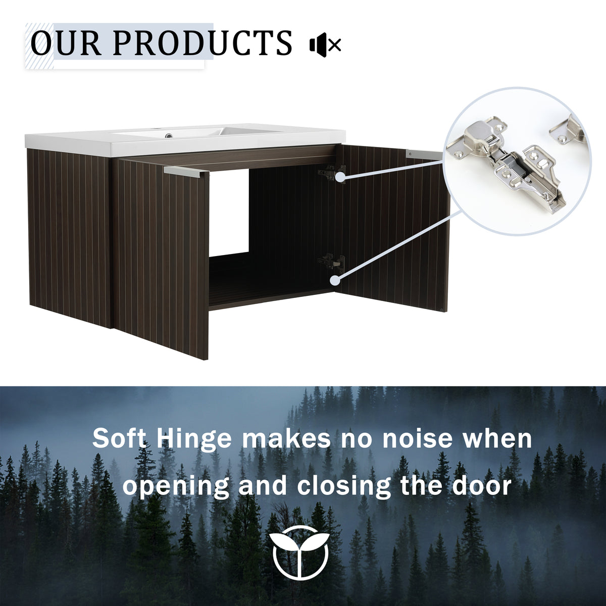 36 Inch Bathroom Cabinet With Resin Sink,Soft Close Doors,Float Mounting Design Silver Brown Stripe Bathroom Modern Plywood Plywood