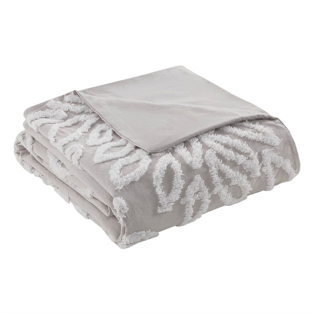 3 Piece Tufted Cotton Chenille Floral Duvet Cover Set King Grey Cotton