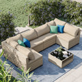 7 Piece Patio Furniture Set, All Weather Boho Outdoor Conversation Set Sectional Sofa With Water Resistant Grey Thick Cushions Light Khaki Beige Metal