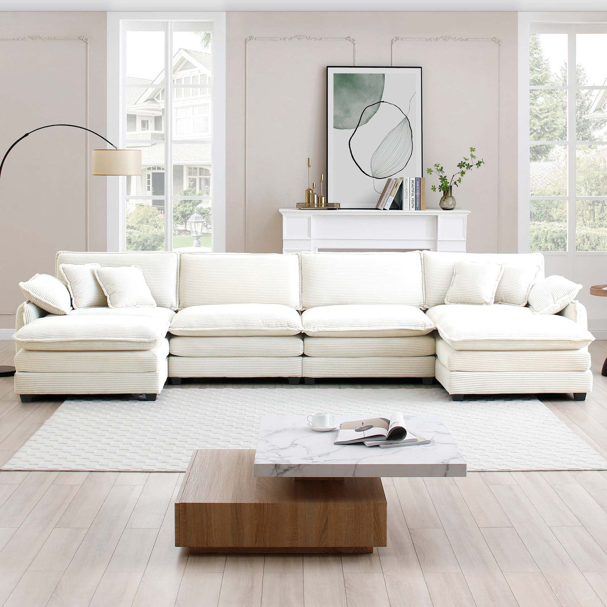 Over Size U Shape Corduroy Sofamodern Upholstered 4 Seater Sofa With 2 Ottomans, Premium Soft Corduroy Fabric Sofa Beige Corduroy 4 Seat