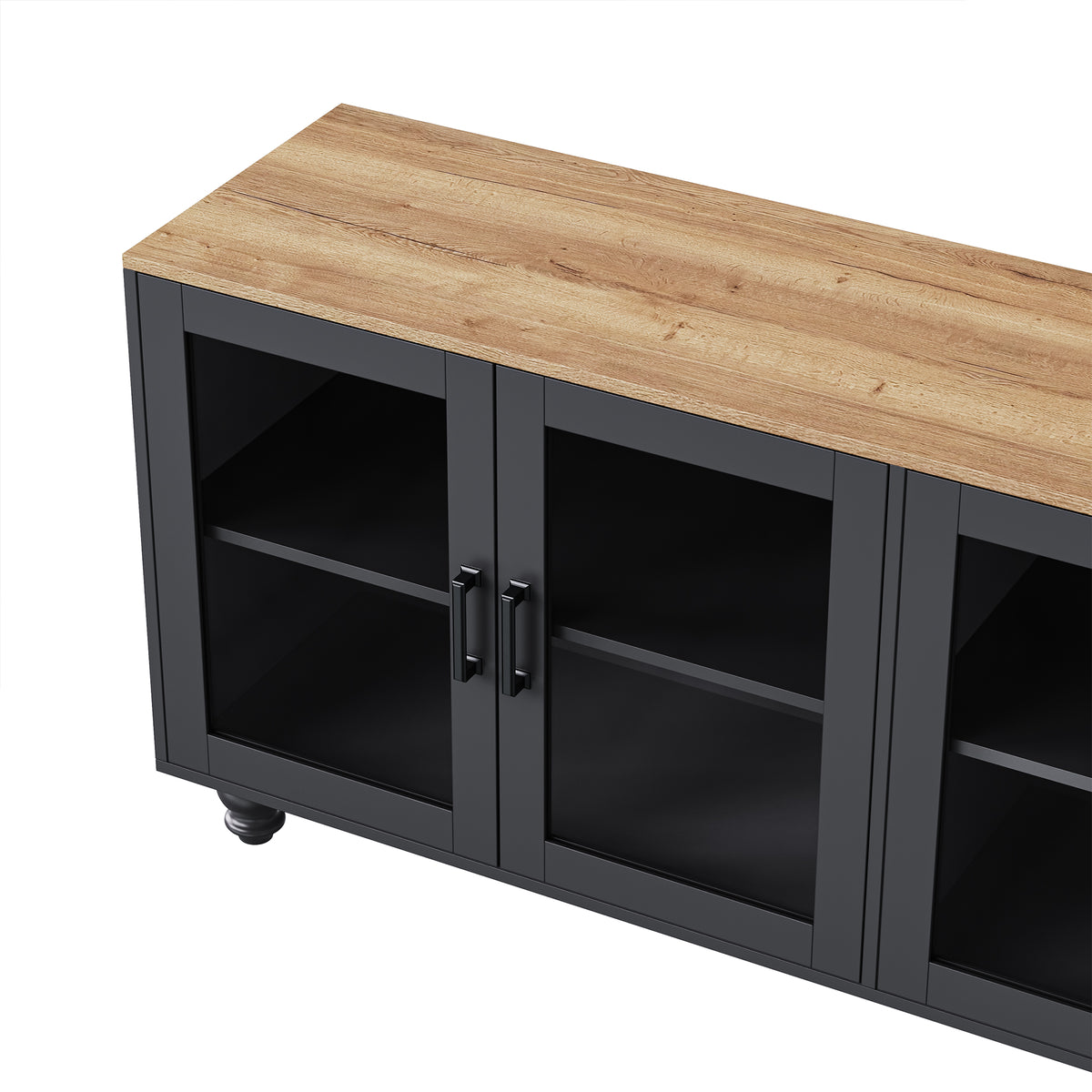 Farmhouse Tv Stand With Solid Wood Gourd Shaped Legs For Tvs Up To 70", Entertainment Center With Bookshelves & Tempered Glass Doors, Media Console With Adjustable Shelves, Living Room, Black Black