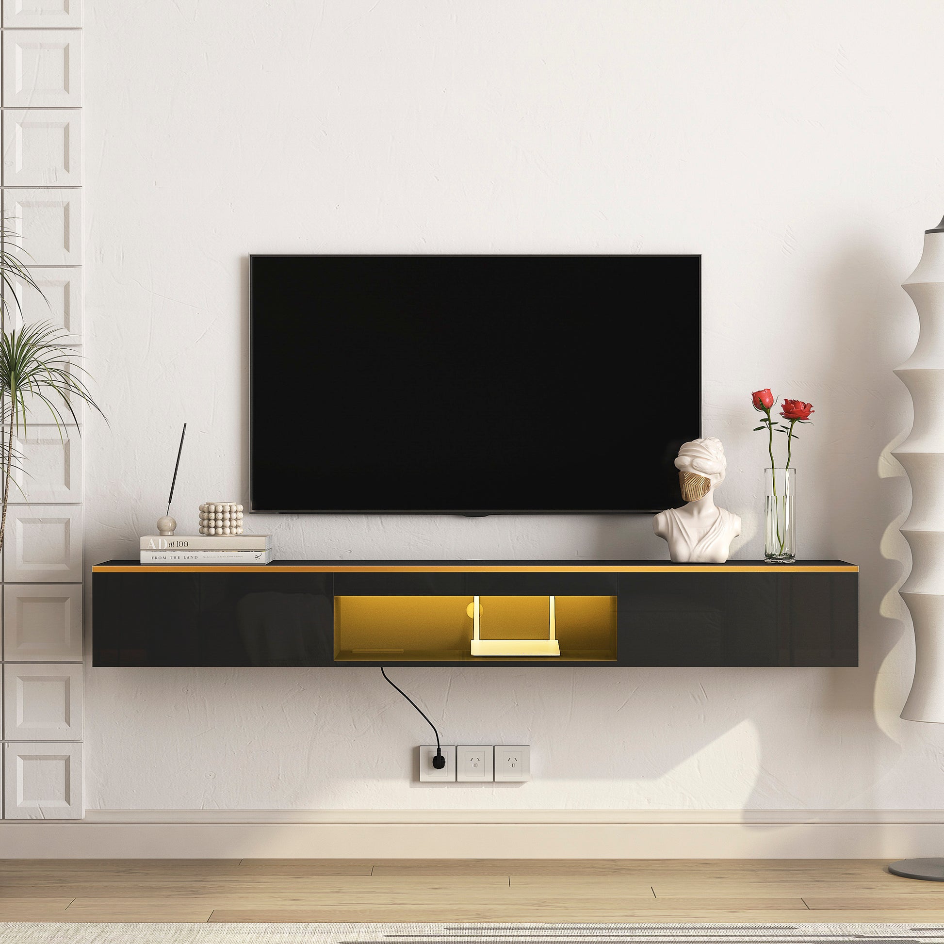 Floating Tv Stand Wall Mounted With 16 Color Leds,69" Modern Tv Stand, Floating Tv Cabinet Entertainment Center For 55 60 65 Inch Tv,Black Black 60 69 Inches Mdf