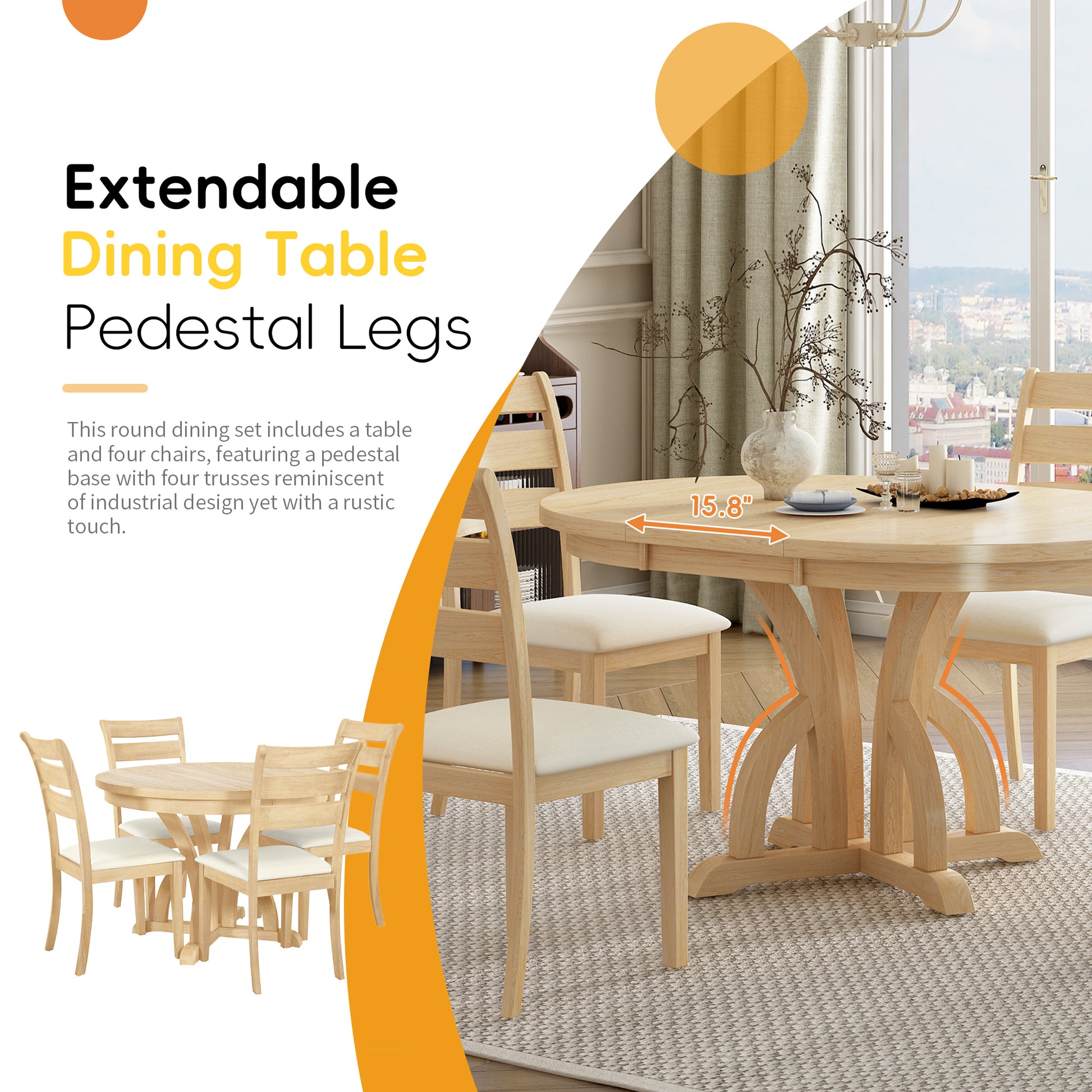 5 Piece Farmhouse Round Pedestal Extending Dining Table Set Extendable Kitchen Table Set With 15.8" Removable Leaf And Ladder Back Dining Chairs For Small Places, Natural Wood Dining Room Extendable Rubberwood Oval Dining Table With Chair Upholstered
