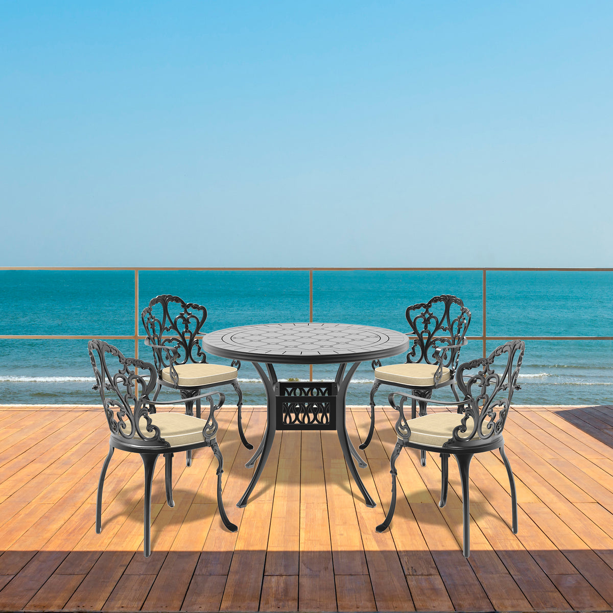 Cushions In Random Colors 5 Piece Set Of Cast Aluminum Patio Furniture With Cushions Yes Complete Patio Set Black Seats 4 Rust Resistant Frame Water Resistant Cushion Garden & Outdoor Complete Patio Sets Aluminium