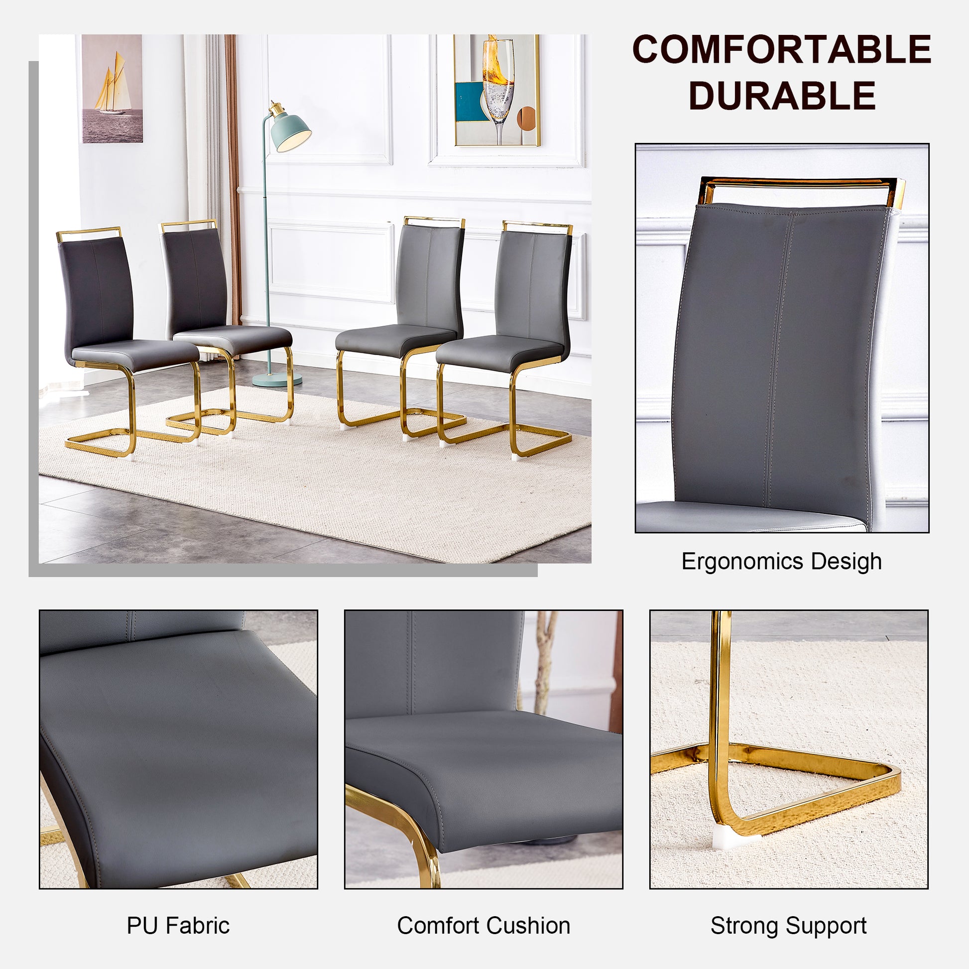 Table And Chair Set,Modern Rectangular Table With 0.4 Inch Black Patterned Tabletop And Gold Legs, Suitable For Kitchen, Dining Room, And Living Roomcomfortable Pu Seats,Perfect For Dinner, Meet Grey Black Seats 6 Sintered Stone