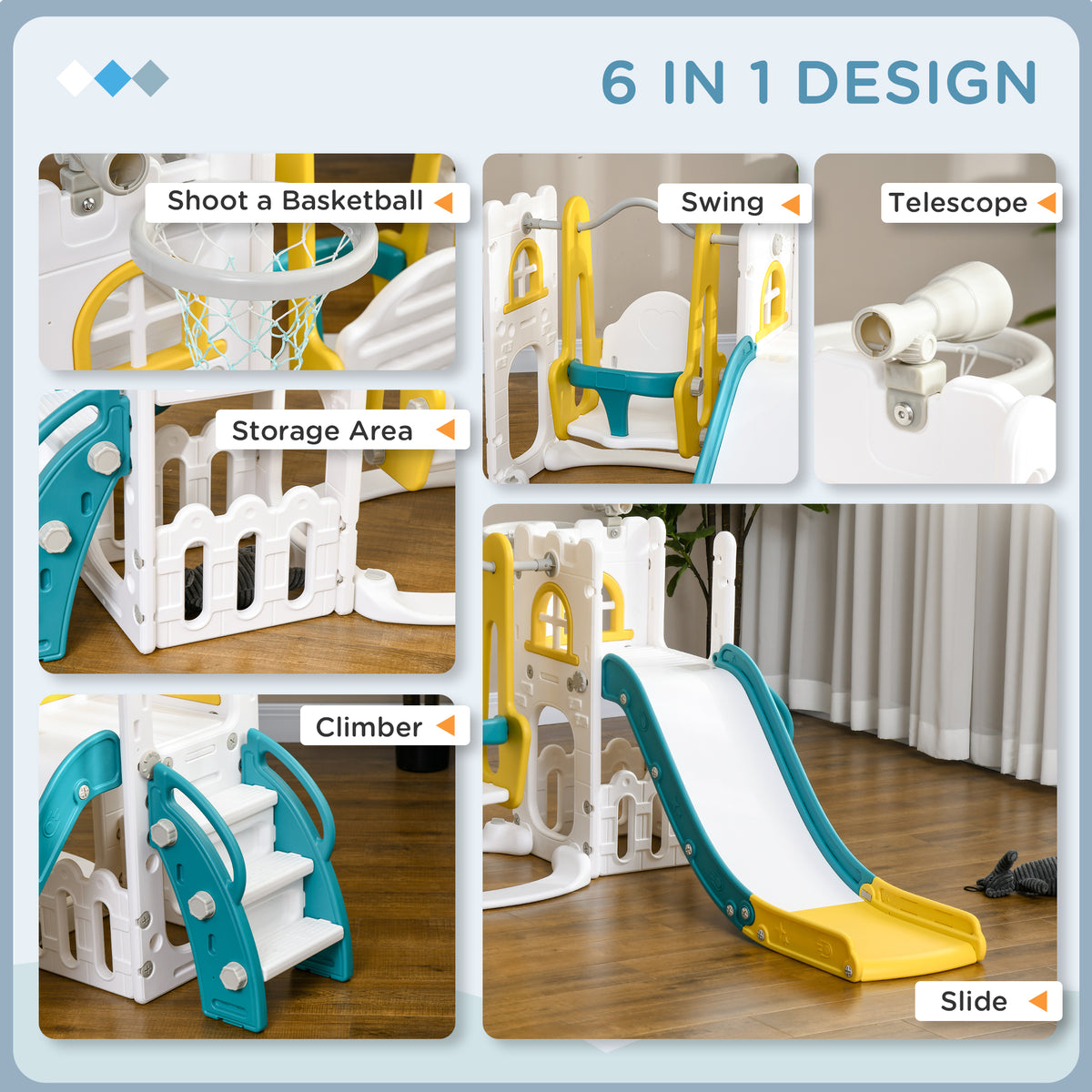 Qaba 6 In 1 Toddler Slide And Swing Set, Baby Slide For Age 1 3 Years With Basketball Hoop, Climber, Storage Space, Telescope, Indoor Playground, Yellow Yellow Plastic