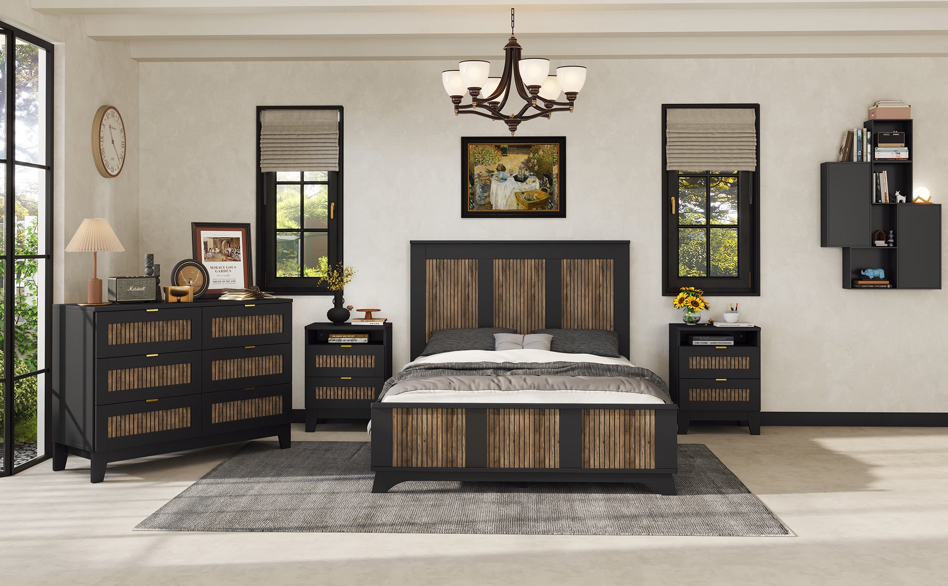 Farmhouse Wooden Platform Full Size Bed, Modern Platform Bed With Wooden Strip Decoration, Plywood Slats Support, Black Full Black Particle Board