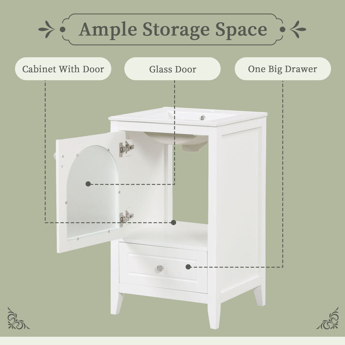 20" Bathroom Vanity With Sink, Bathroom Cabinet With Soft Closing Glass Door, A Drawer, White White Mdf