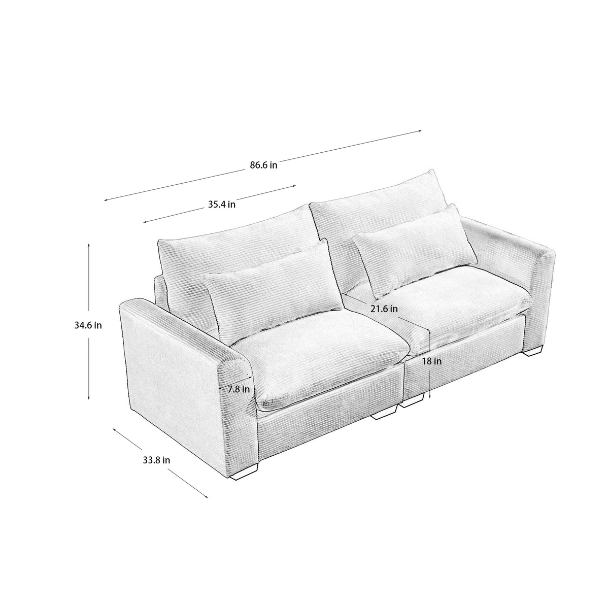 Modern Sofa 2 Seater Corduroy Fabric Sofa With Armrests For Apartment Living Room, Bule Blue Corduroy 2 Seat