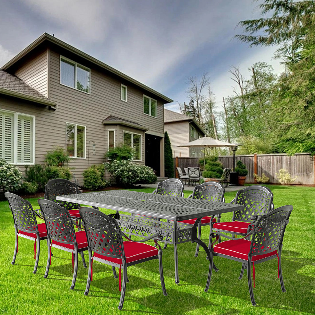 Cushions In Random Colors 9 Piece Set Of Cast Aluminum Patio Furniture With Cushions Yes Dining Set Black Seats 8 Rust Resistant Frame Water Resistant Cushion Garden & Outdoor Complete Patio Sets Aluminium