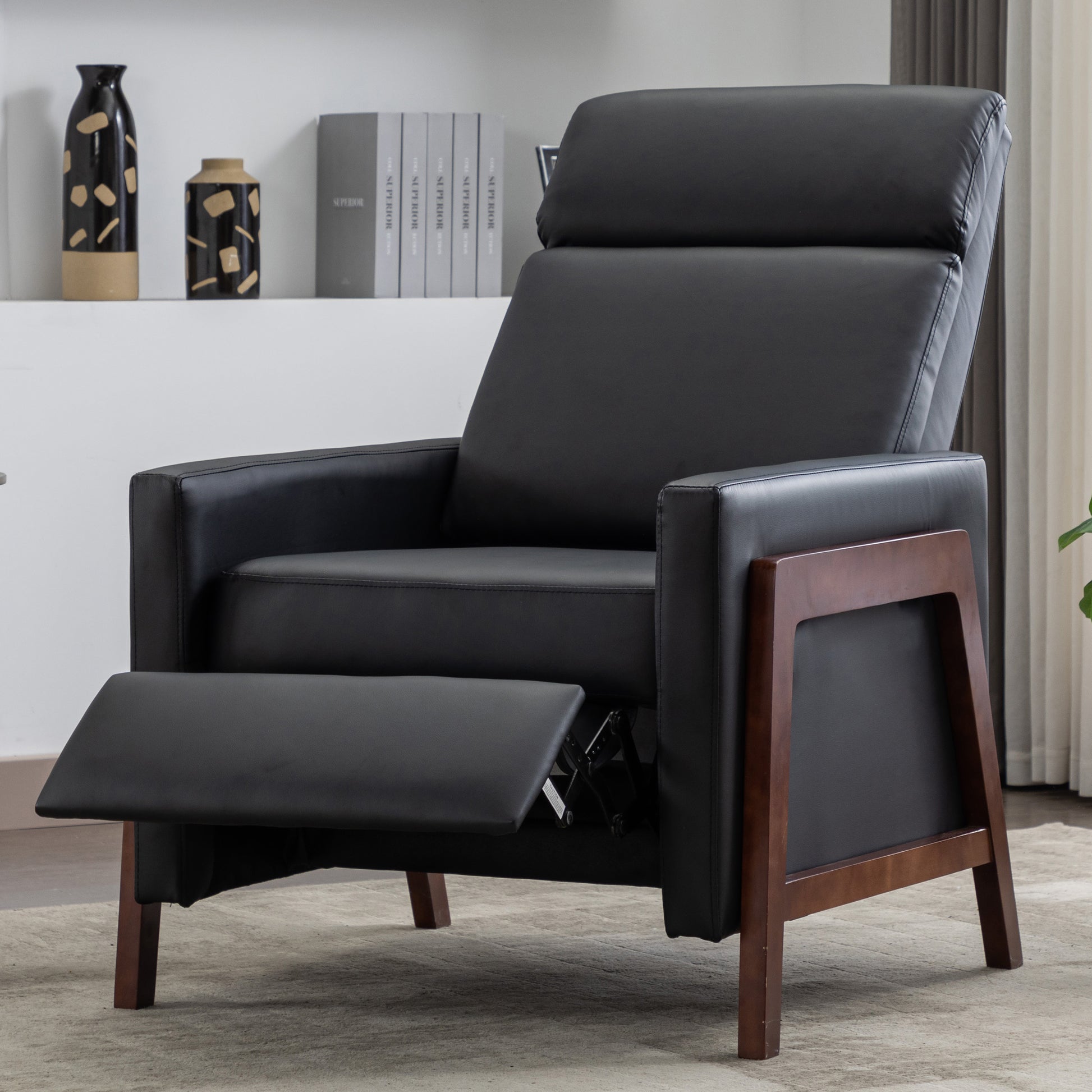 Set Of Two Wood Framed Pu Leather Recliner Chair Adjustable Home Theater Seating With Thick Seat Cushion And Backrest Modern Living Room Recliners, Black Black Pu Pu