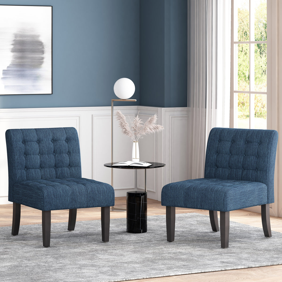 Accent Chair Set Of 2 Pcs Navy Blue Fabric
