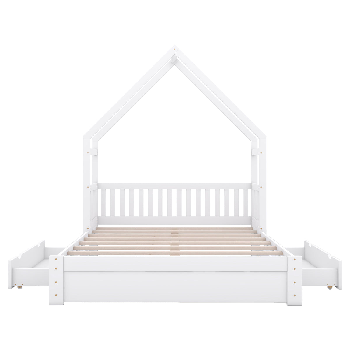 Wood Queen Size House Platform Bed With Guardrail And 2 Drawers, White Box Spring Not Required Queen White Wood Bedroom Bed Frame Solid Wood Mdf