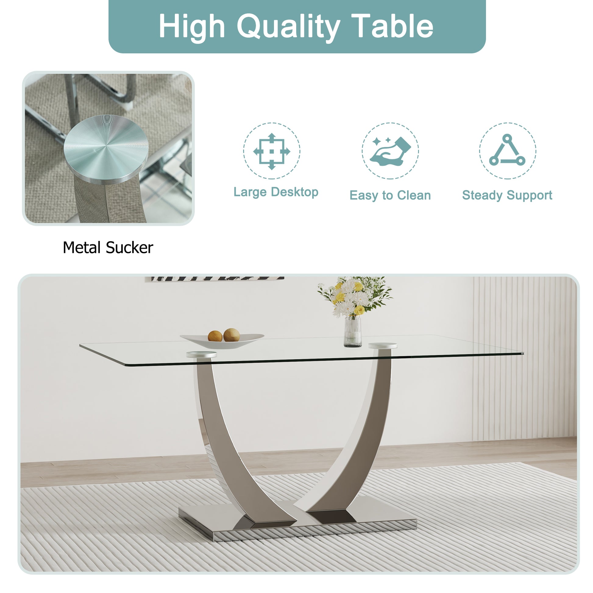 Table And Chair Set. Large Modern Rectangular Table With Glass Top And Silver Metal Legs. Furnished With Soft And Comfortable Pu Chairs With Faux Leather Upholstered Seats And Silver Metal Legs. Black Silver Seats 8 Glass Metal