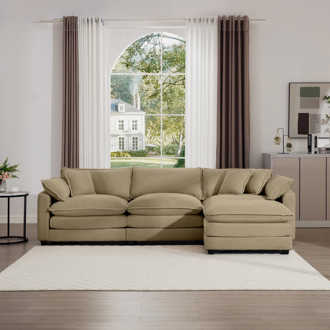 Corduroy 3 Seater Sofa With 1 Footrest, L Shaped Double Sofa With Ottoman For Small Living Rooms, Tan Corduroy Sofa Tan Corduroy 3 Seat