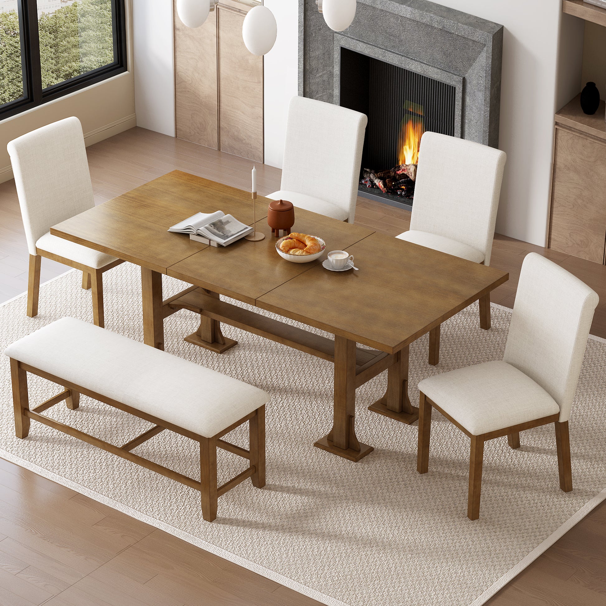 Farmhouse 76Inch 6 Piece Extendable Dining Table Set Trestle Kitchen Table Set With 18Inch Removable Leaf And Upholstered Dining Chair And Bench For Dining Room, Dark Brown Wood Dining Room