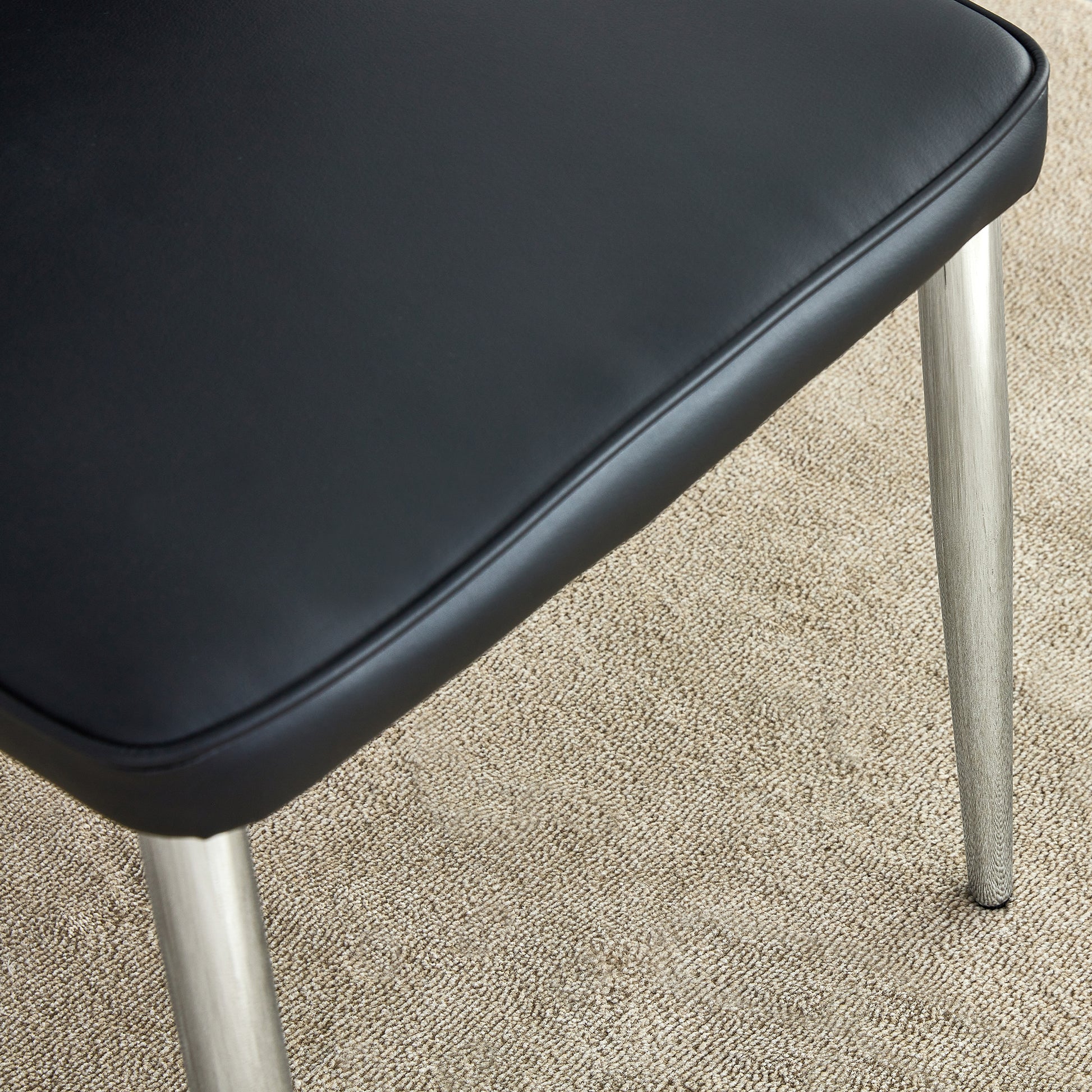 Table And Chair Set.Contemporary, Minimalist Rectangular Dining Table Featuring A Clear Tempered Glass Top And Sleek Silver Legs. Paried With Chairs Made Of Pu Material Cushion And Silver Metal Legs. Black Seats 6 Glass Metal