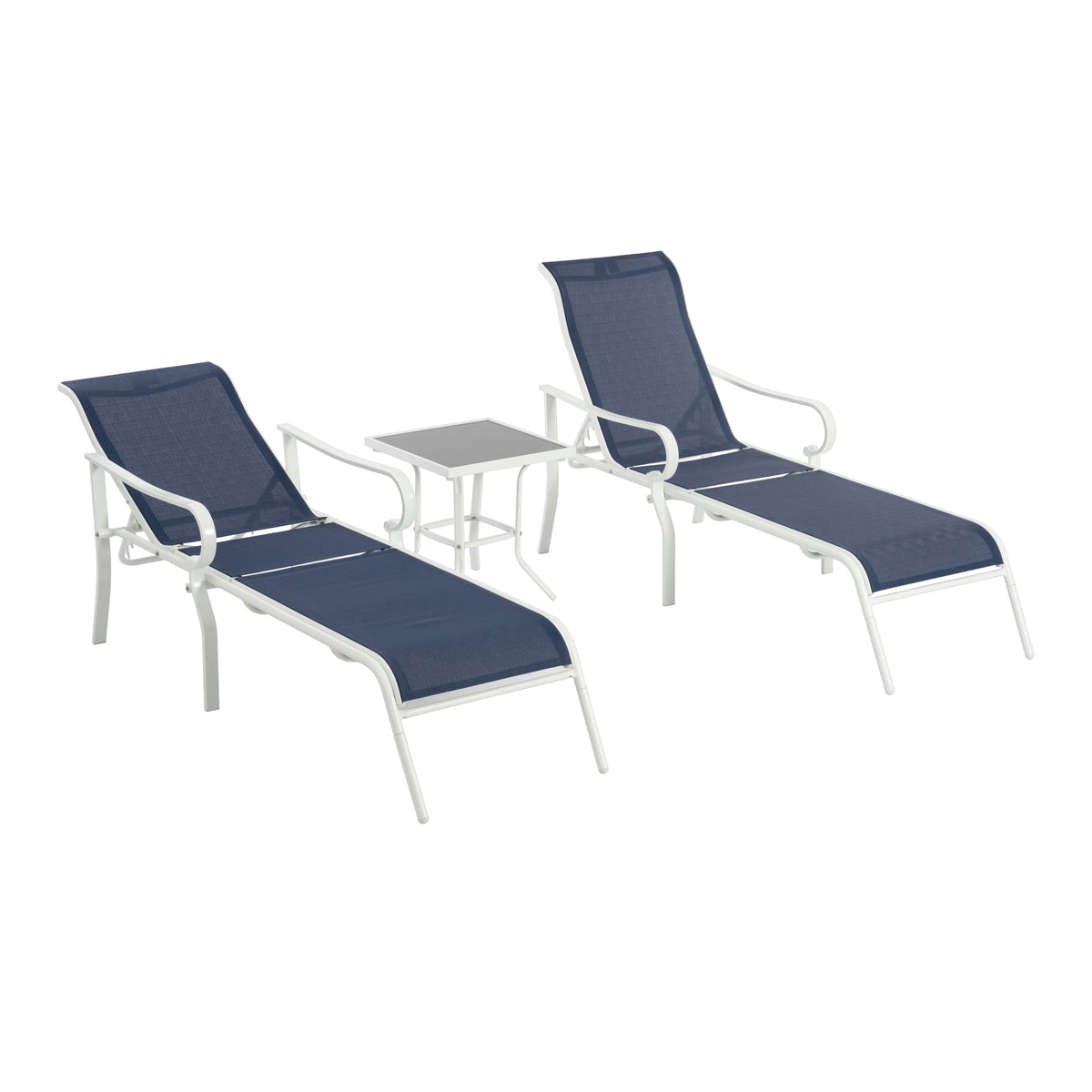 3 Pack Patio Lounge Chair, Outdoor Chaise Lounge With 5 Adjustable Backrest, Sturdy Steel Frame, Sunbathing Recliner, Beach Chair, Tanning Chair For Outside, Yard, Balcony, Pool Chairs,White Blue