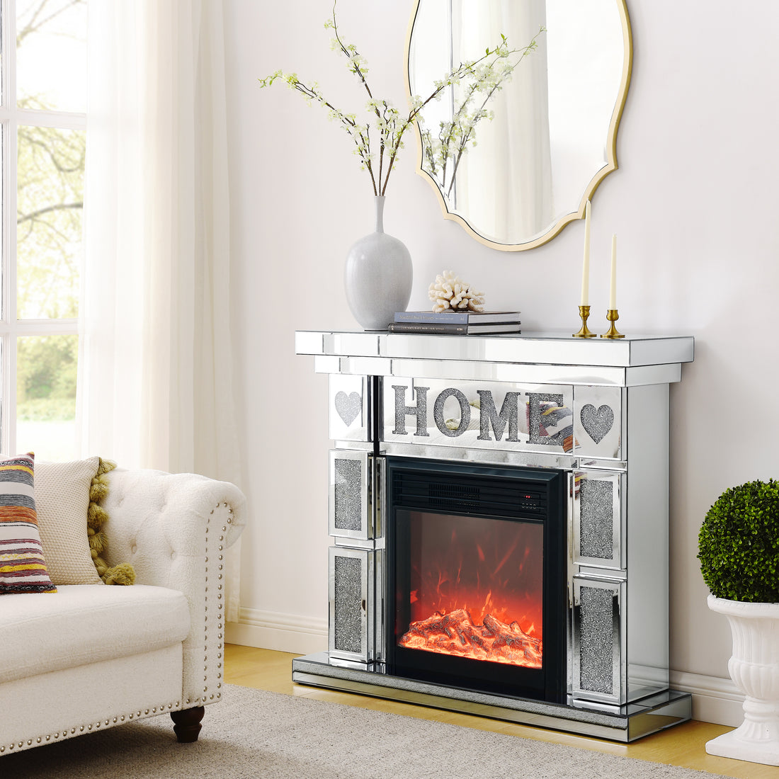 W 46" X D 12.6 X H 41 " Acrylic Diamond Mirror Fireplace Cabinet, Tv Fireplace Cabinet Powder Coated Electric Bedroom Yes Freestanding Electric 41 50 Yes Silver 400 Natural Vent American Design Acrylic Mdf Glass