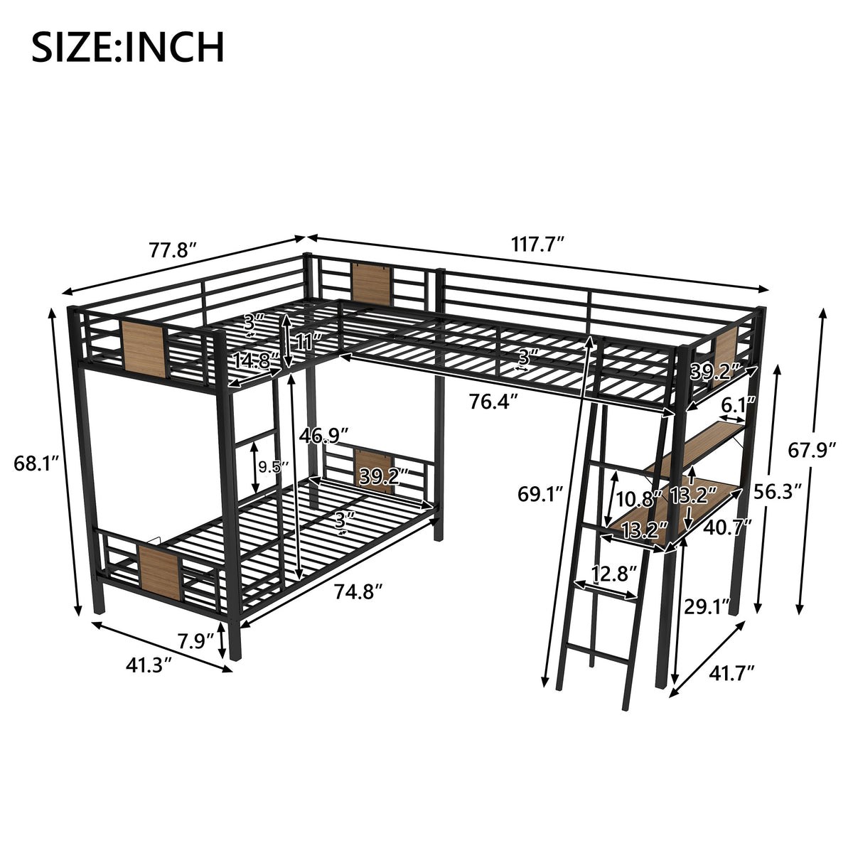 L Shaped Twin Over Twin Bunk Bed With Twin Size Loft Bed With Desk And Shelf ,Brown Brown Steel