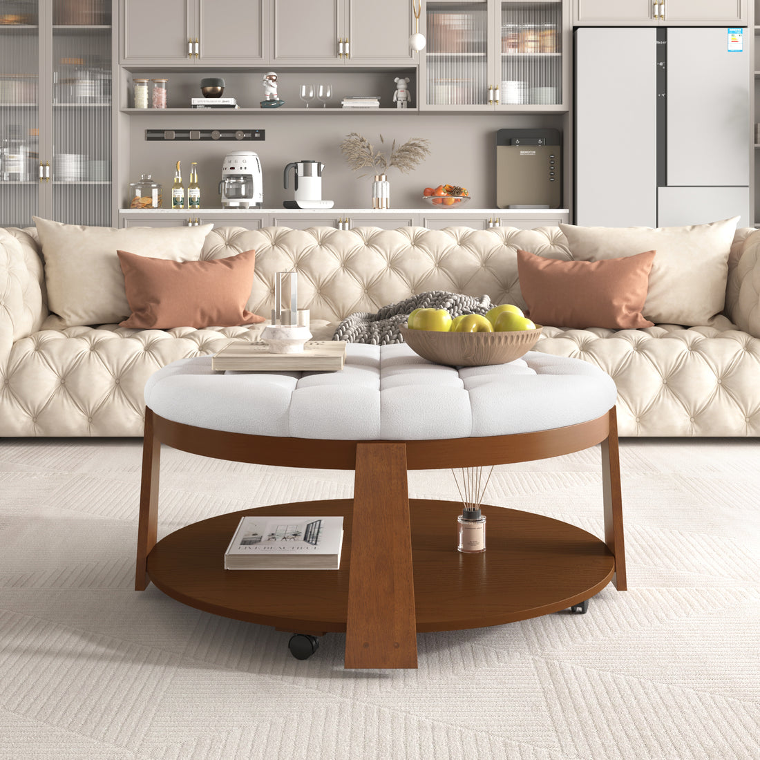 Modern Large Round Ottoman Coffee Table 2 Tier Oversized Button Tufted Ottoman With Wood Shelf Storage Upholstered Coffee Table For Living Room Footrest Ottoman With Wheel, Waterproof Linen Ivory White Rubber Wood