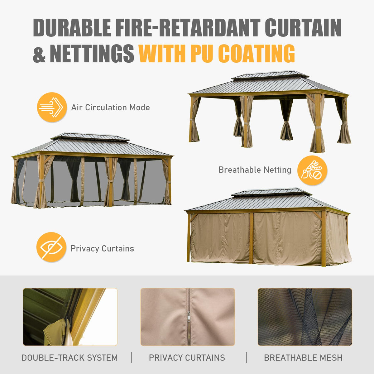 Outdoor Living 14X20Ft Hardtop Gazebo, Permanent Metal Gazebo With Galvanized Steel Double Roof And Aluminum Frame, Curtain And Netting, Large Pavilion Gazebo, Wood Looking Yellow Brown Aluminium