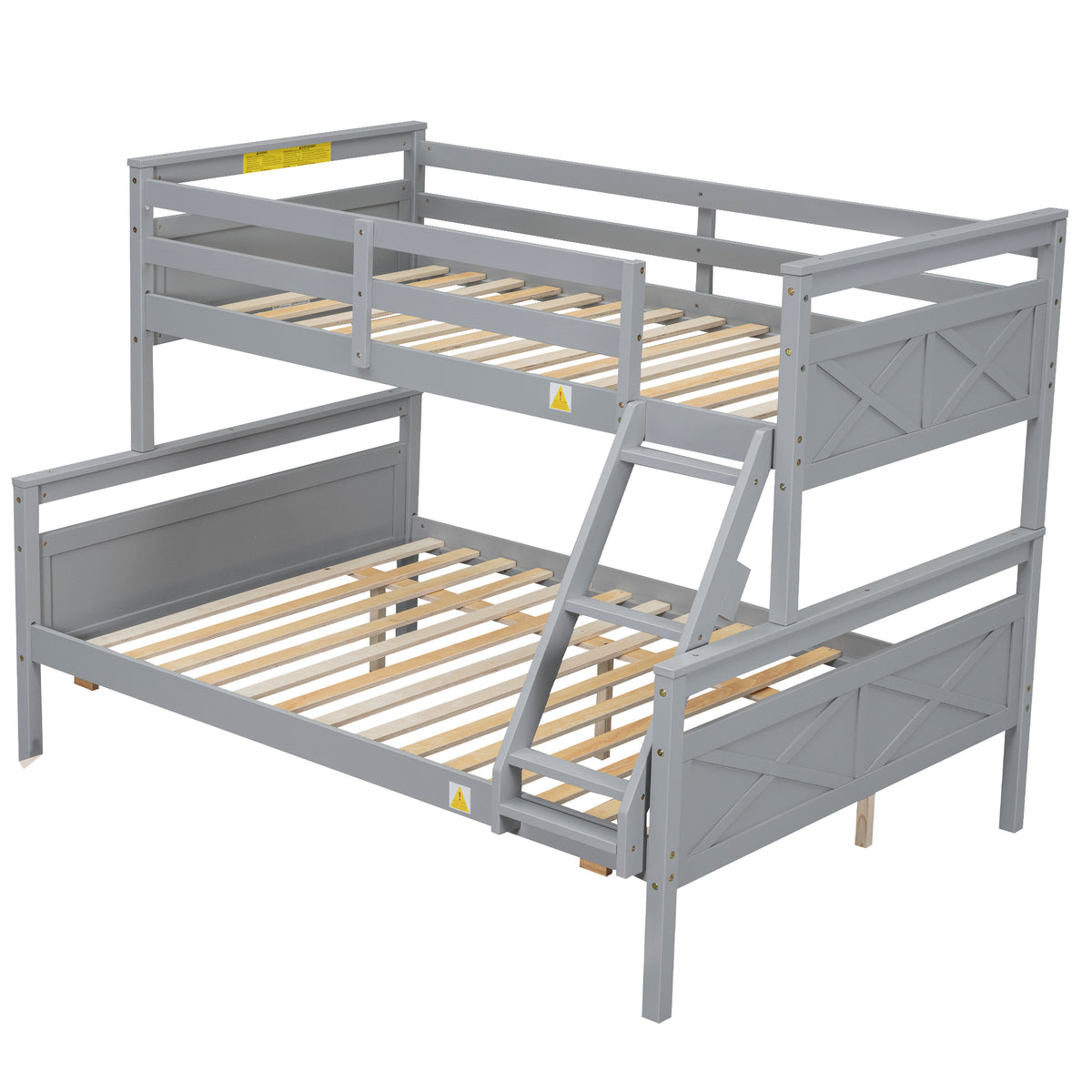 Twin Over Full Bunk Bed With Ladder, Twin Size Trundle, Safety Guardrail, Gray Box Spring Not Required Twin Gray Wood Bedroom Bunk Pine