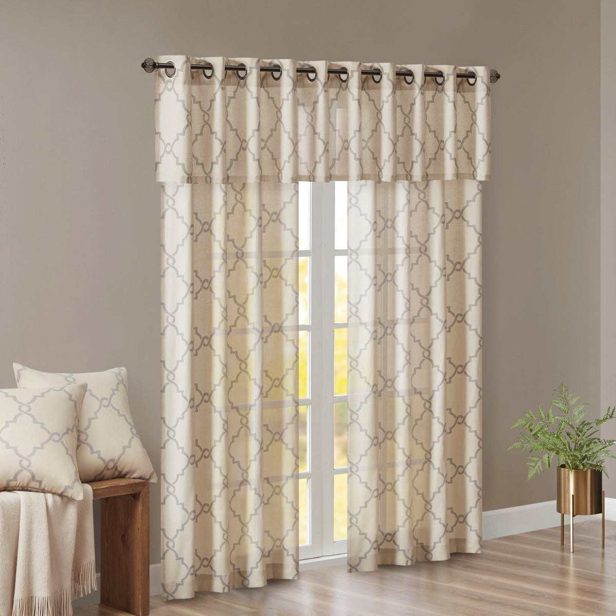 Fretwork Print Grommet Top Window Valance Beige Grey 50X18" Beige Grey Polyester