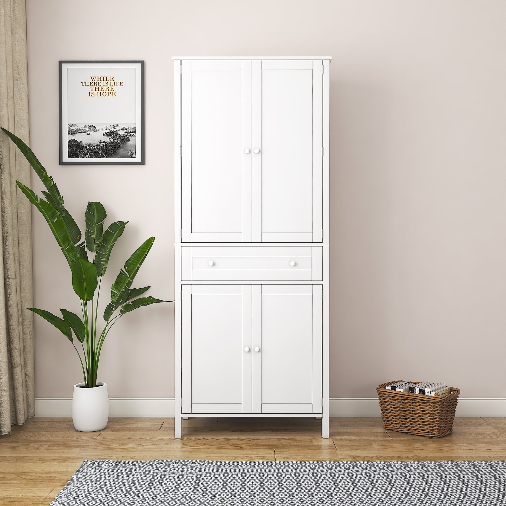 70.87" Tall Kitchen Pantry, Storage Cabinetkitchen Cabinetdrawer And Adjustable Shelves, For Kitchen, Dining Room, White White Particle Board Mdf